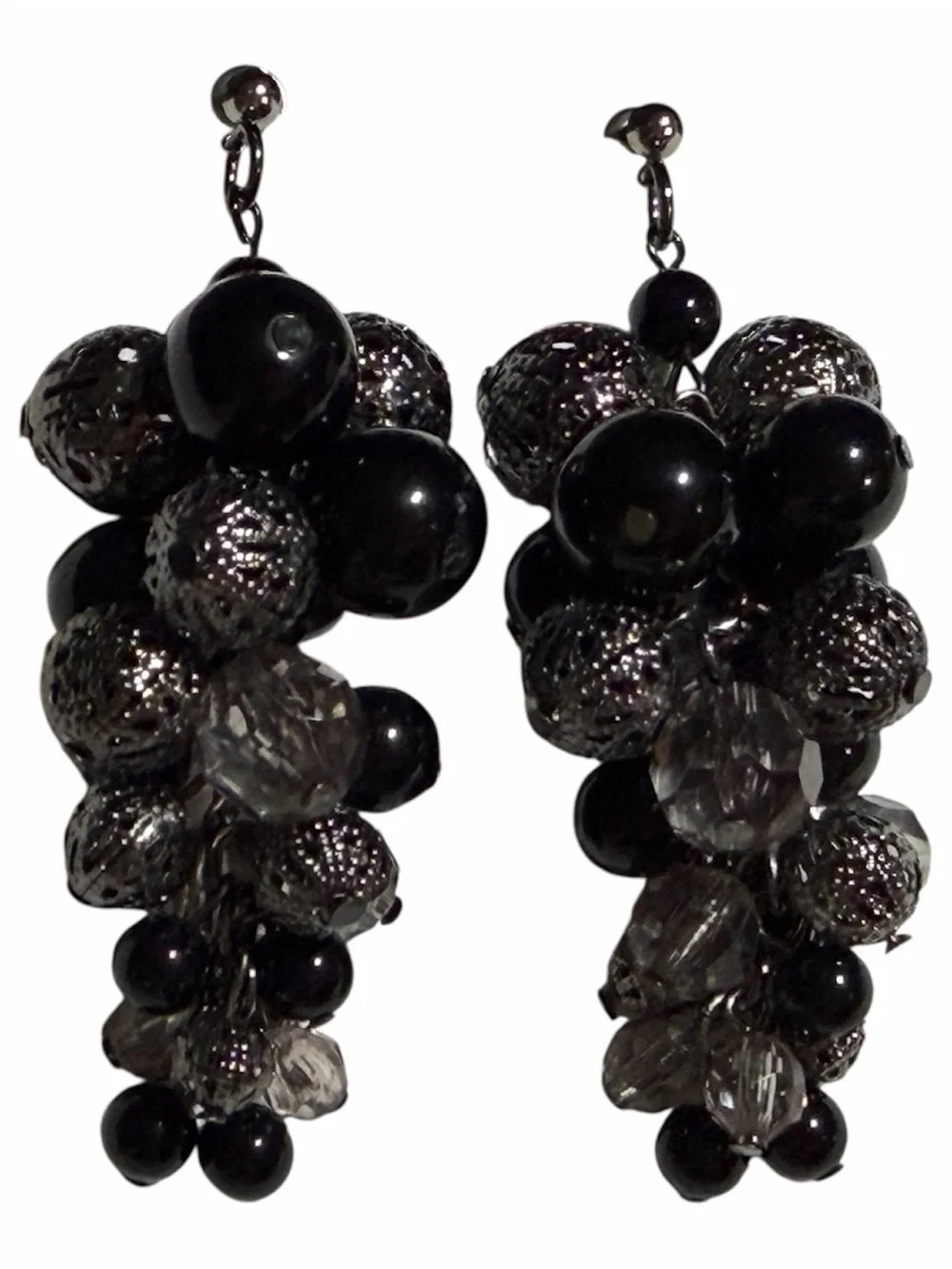 Beaded Cluster Dangle Earrings Cha Cha Black Clear Gunmetal Whimsigoth